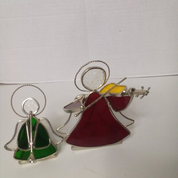 Stained Glass Angel Tea Light Candle Holders Musical Horn Violin Red Green - Picture 2 of 16